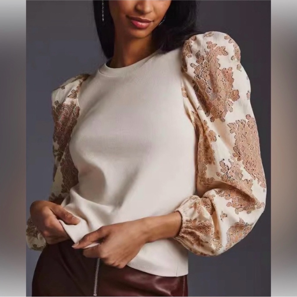 Dolan Left Coast Lace Puff Sleeve Top Ribbed Knit Romantic Blouse Women Small